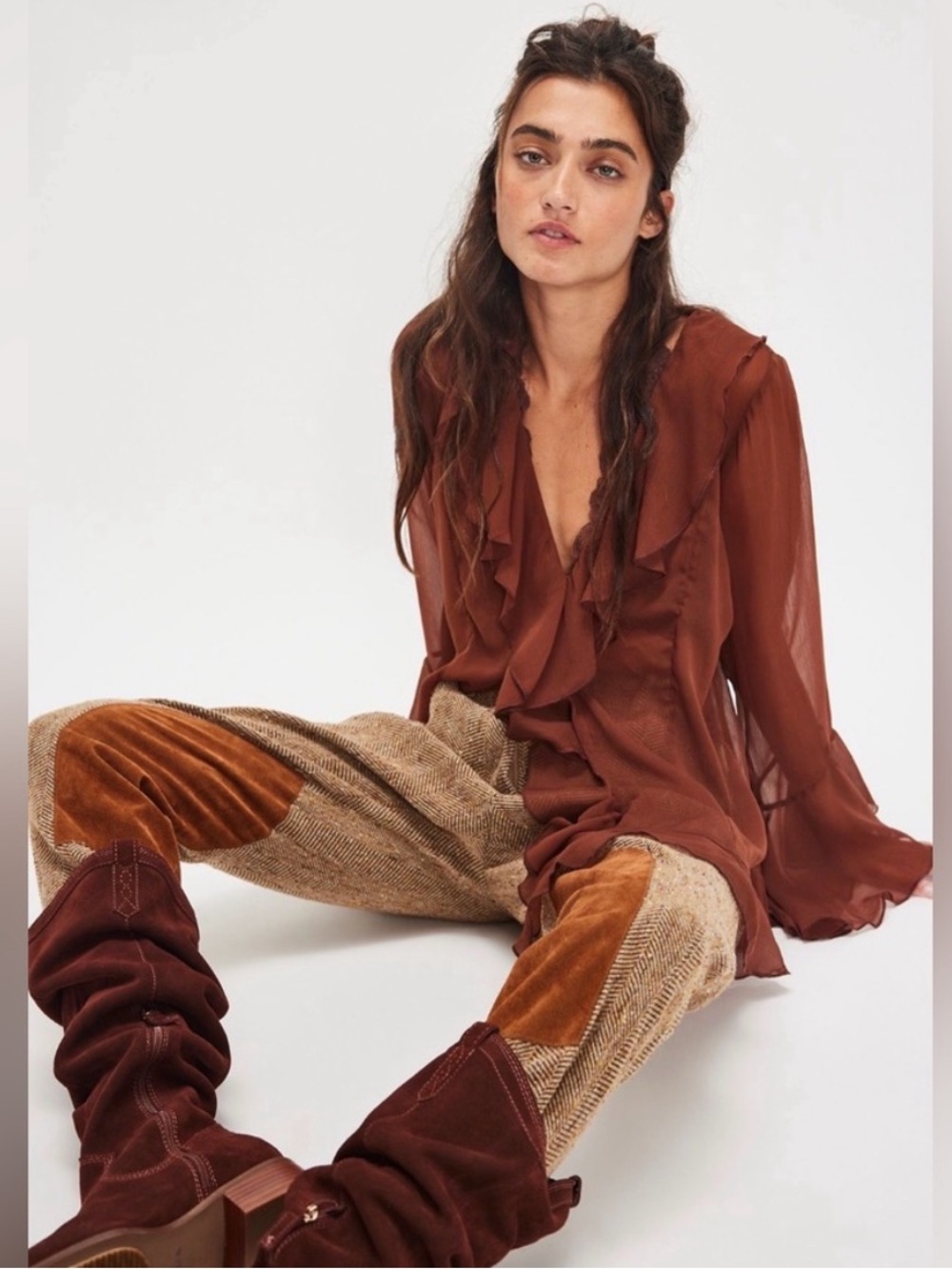 FREE PEOPLE Bali Tulula Chiffon V-Neck Blouse Top in Umber Earth NWT - Picture 3 of 11